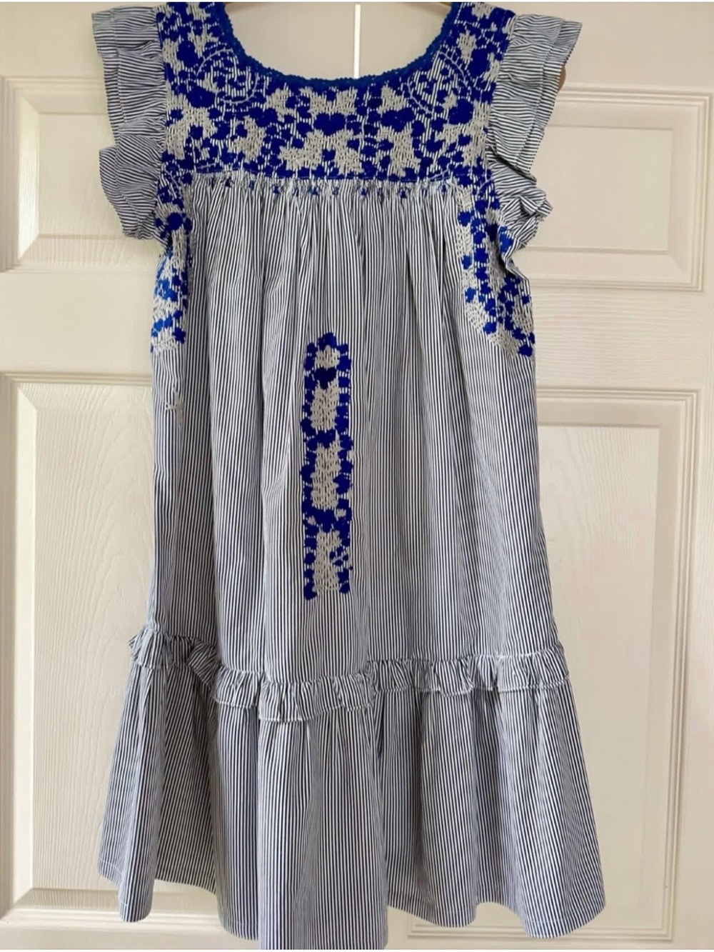 EUC Mi Golondrina Olivia grey stripe Dress with  embroidery size small